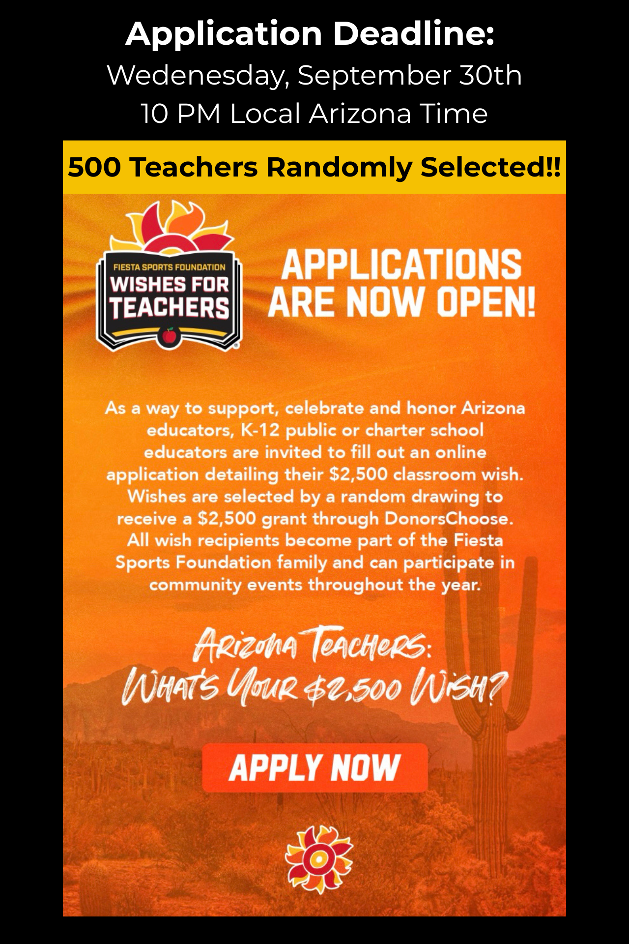 An informational flyer for the 'Wishes for Teachers' program, announcing that applications are open for a $2,500 classroom grant.